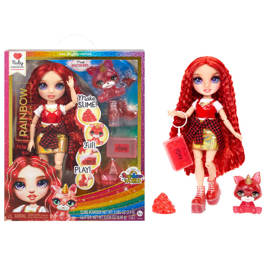Rainbow High – Muñeca Classic Fashion - Ruby Anderson con Kit de Slime y Mascota Mágica